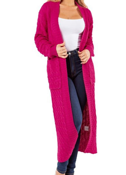 CABLE KNIT LONG CARDIGAN (FUCHSIA)