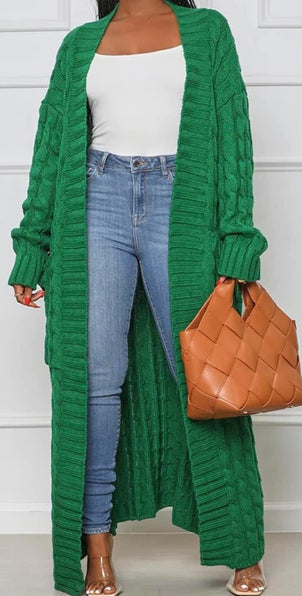 CABLE KNIT LONG CARDIGAN (GREEN)