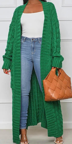 CABLE KNIT LONG CARDIGAN (GREEN)