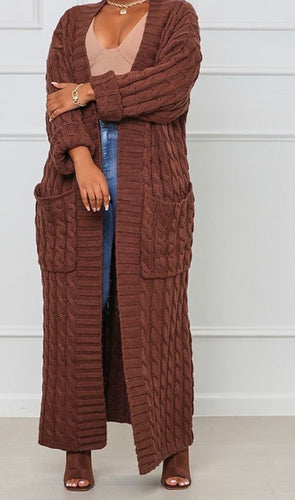 CABLE KNIT LONG CARDIGAN (BROWN)