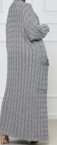 CABLE KNIT LONG CARDIGAN (GREY)