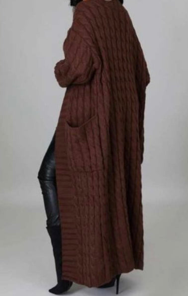 CABLE KNIT LONG CARDIGAN (BROWN)