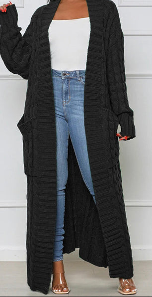 CABLE KNIT LONG CARDIGAN (BLACK)