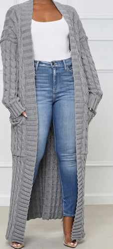 CABLE KNIT LONG CARDIGAN (GREY)